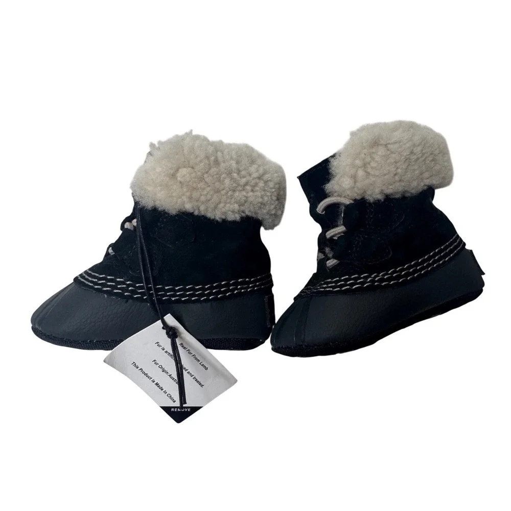Sorel Caribootie Infant Booties Black Suede Shearling Winter Boots. Size 2.